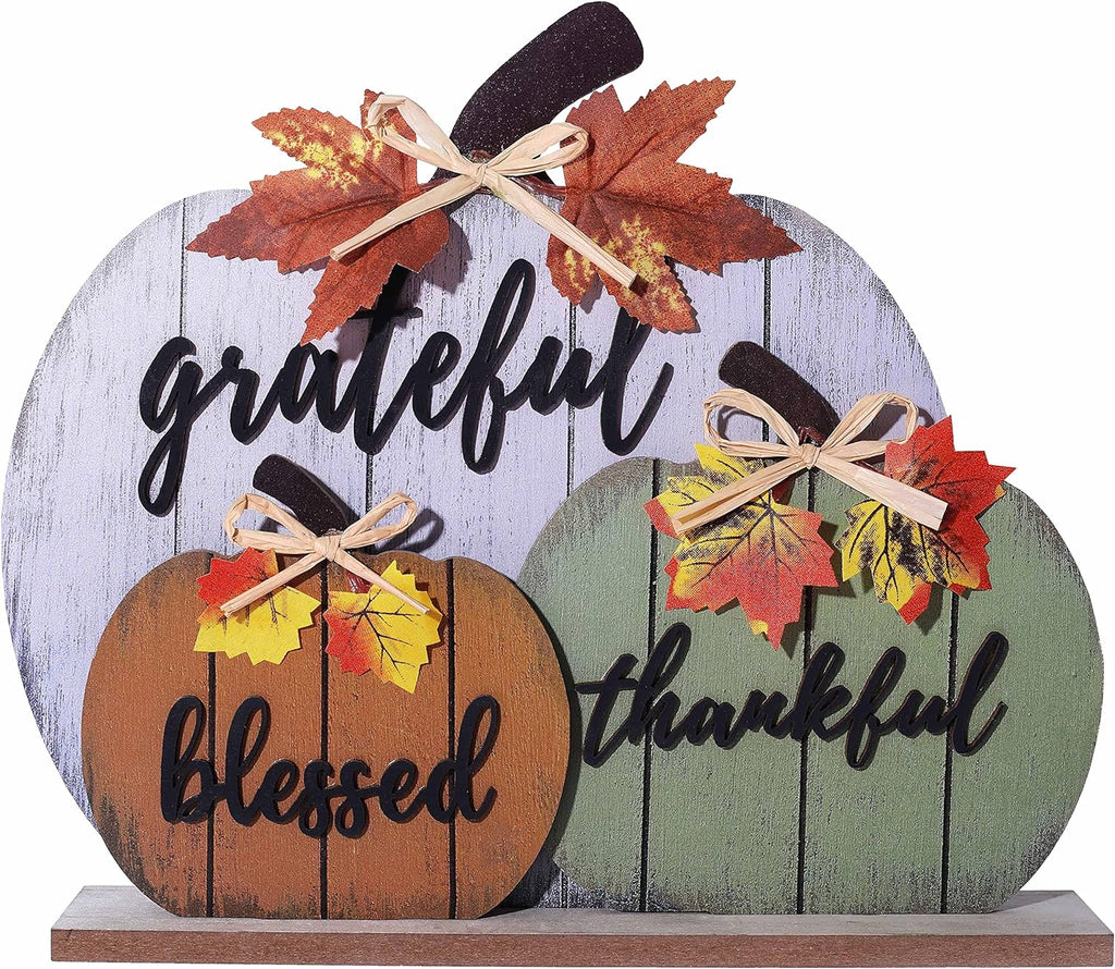 CYNOSA Fall Decorations for Home Blessed Grateful Thankful Fall Decor Wooden Pumpkin Tabletop Signs for Home Thanksgiving Farmhouse Living Room Harvest Autumn Decor